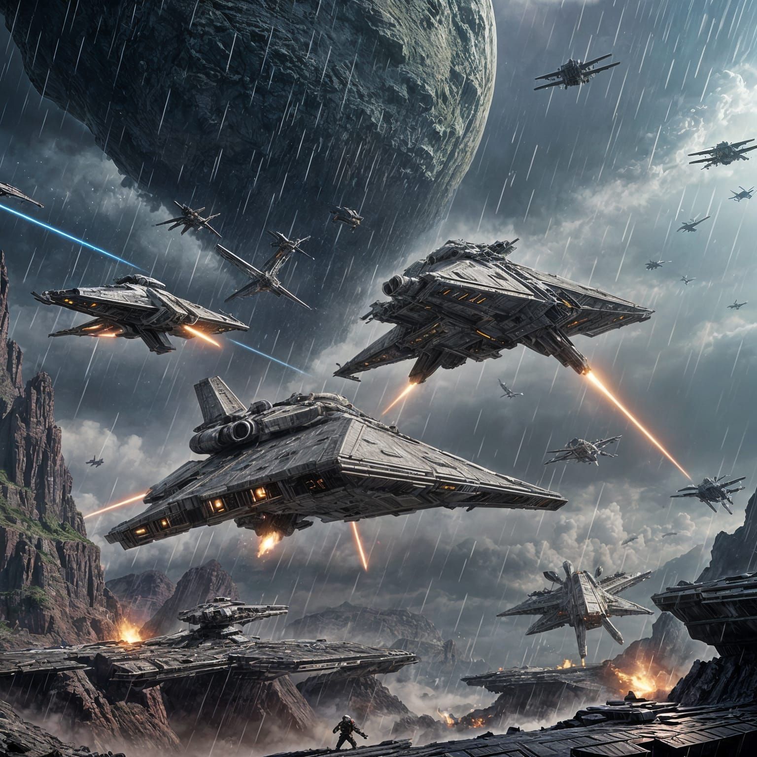 X-Wings Battle Star Destroyer on Stormy Planet