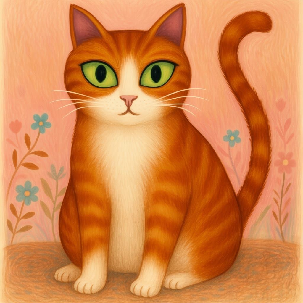 Whimsical Cat Portrait in Mixed Media Style