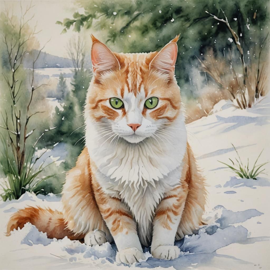 Watercolor Portrait of Orange Cat in Snow