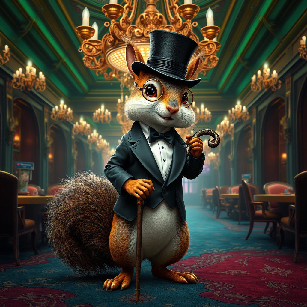 Anthropomorphic Squirrel in Casino: Steampunk Fantasy Art