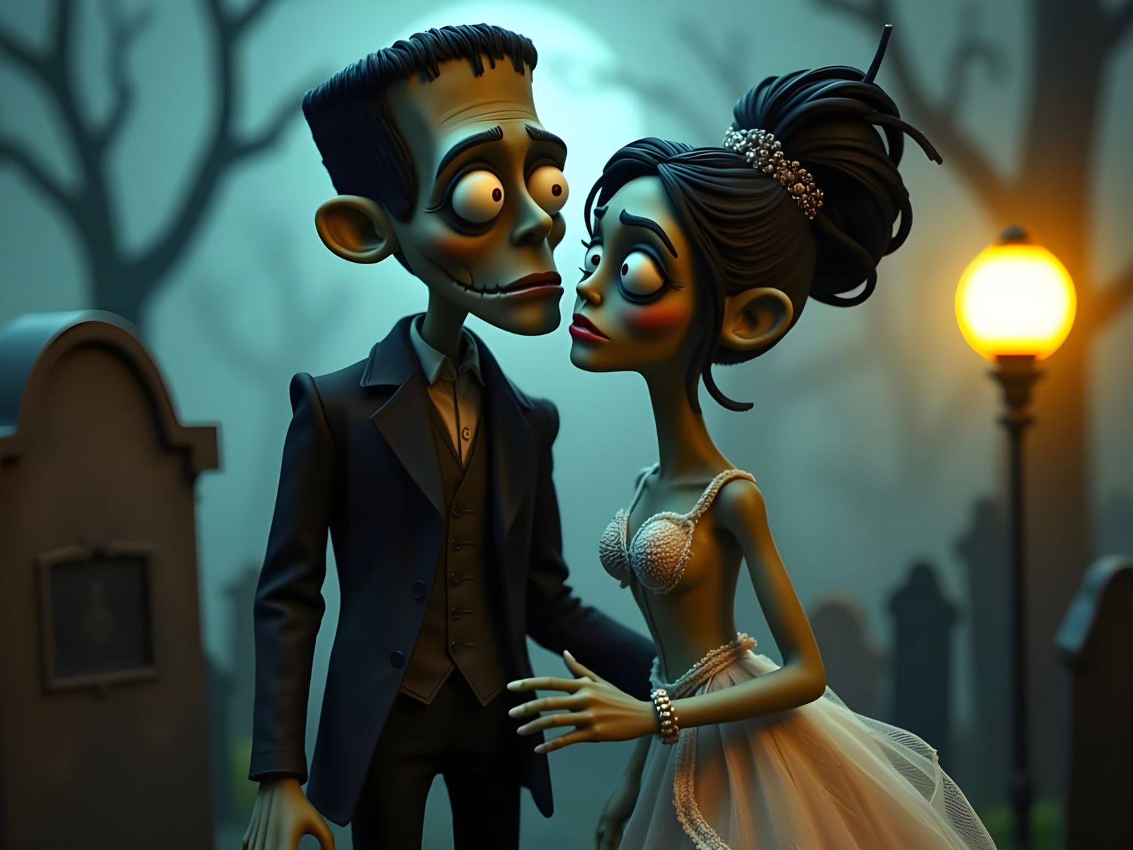 Frankenstein and Bride in Claymation Graveyard