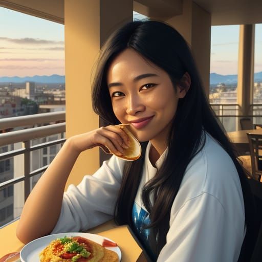 Girl Enjoys Breakfast on Balcony in Golden Hour Light