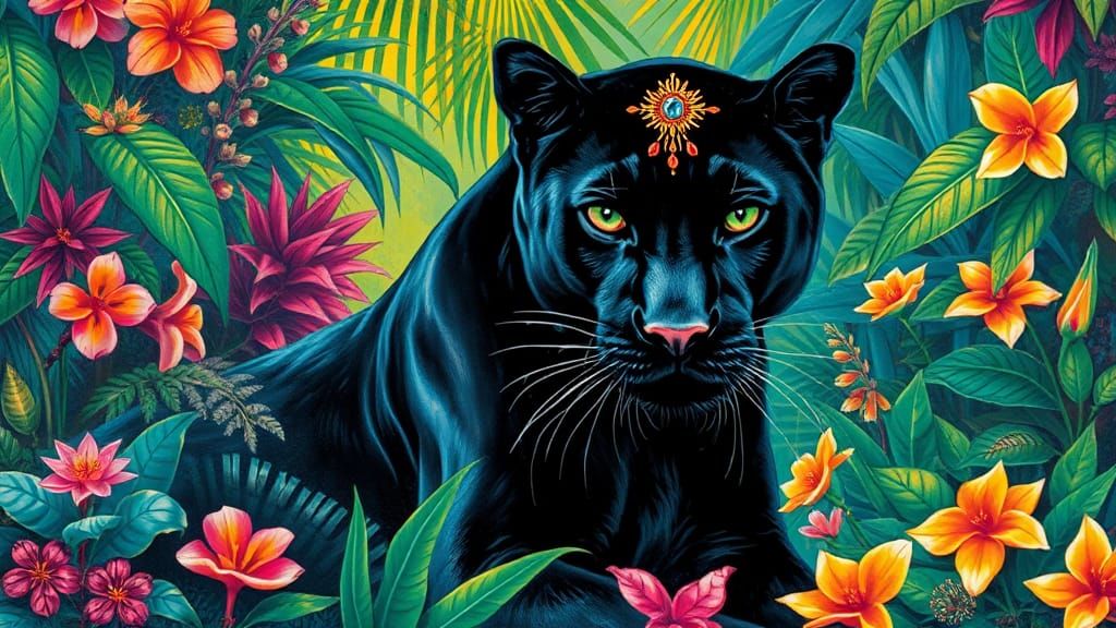 Bejeweled Black Panther in Lush Jungle, Digital Art