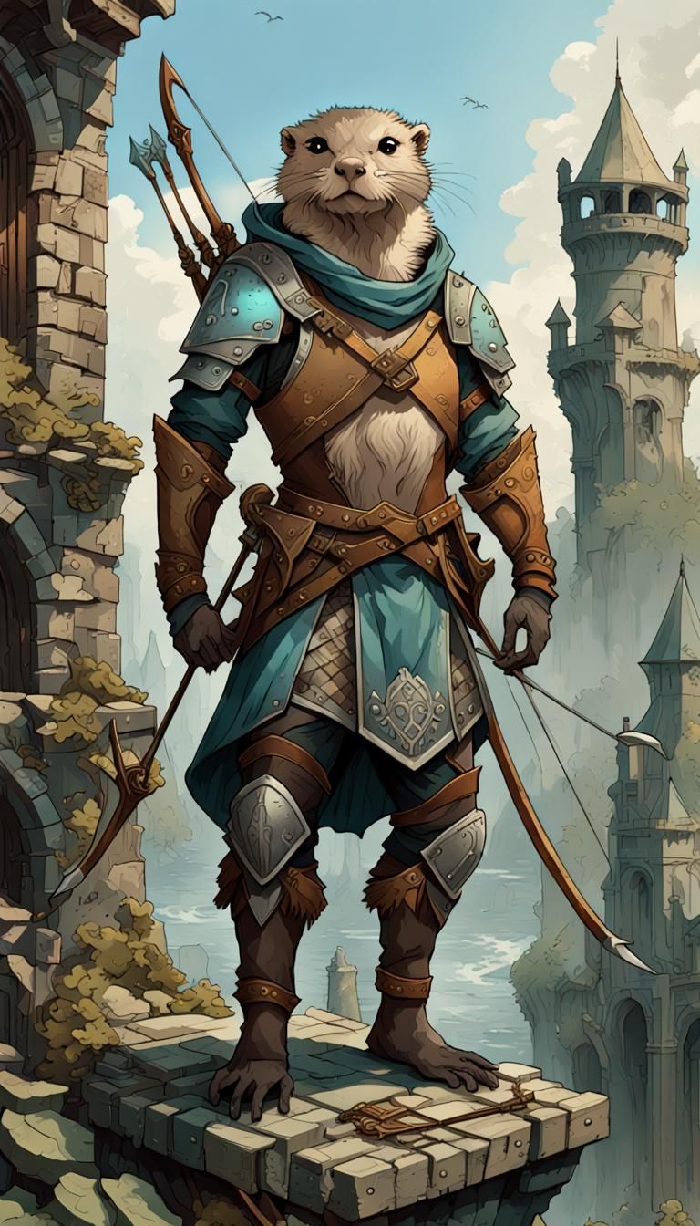 Otterfolk Archer on Ancient Tower in Art Nouveau Style