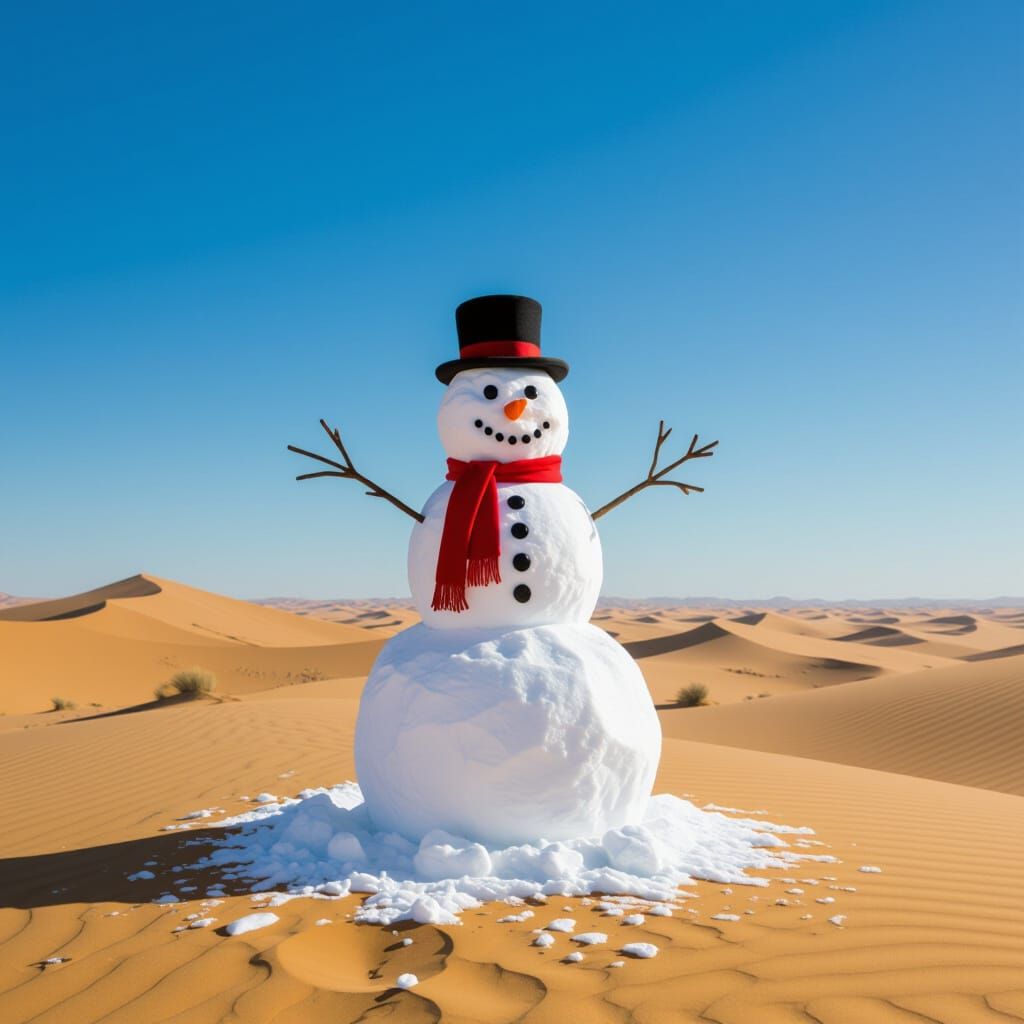 Snowman in a Hot Desert Landscape