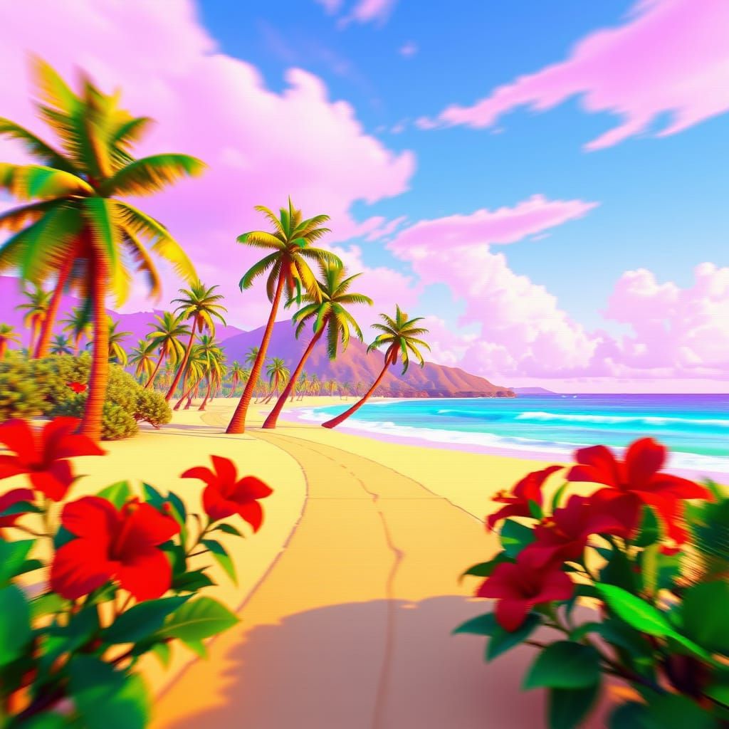 Low-Poly Beach Scene in Retro-Futuristic Style