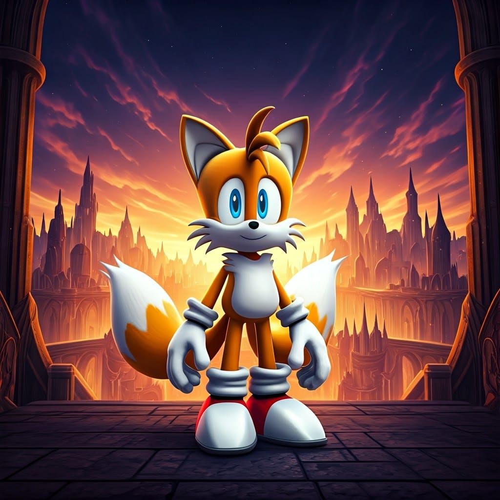Cyborg Tails the Fox in Fantasy Cityscape