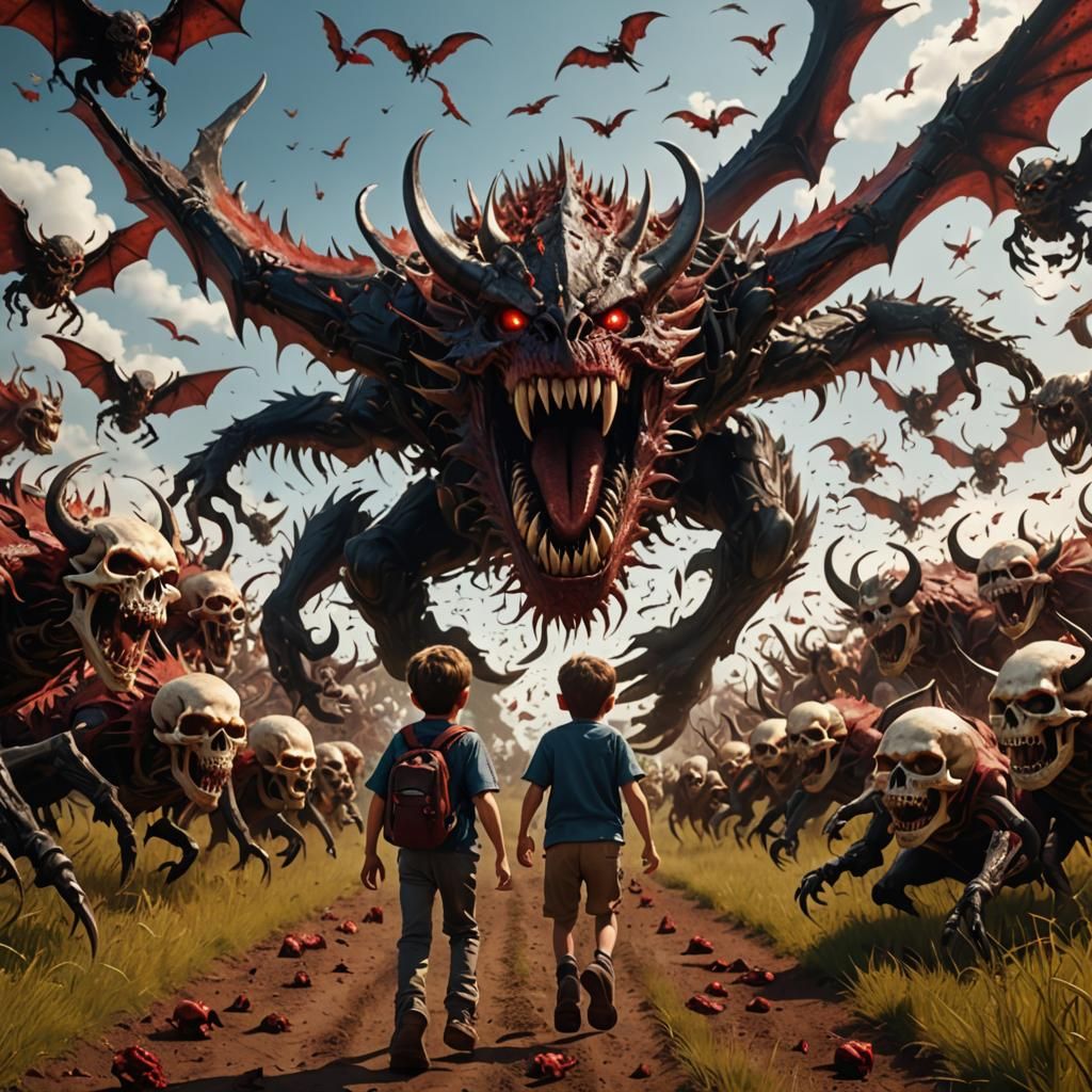 Dramatic Monster Chase in Field of Skulls