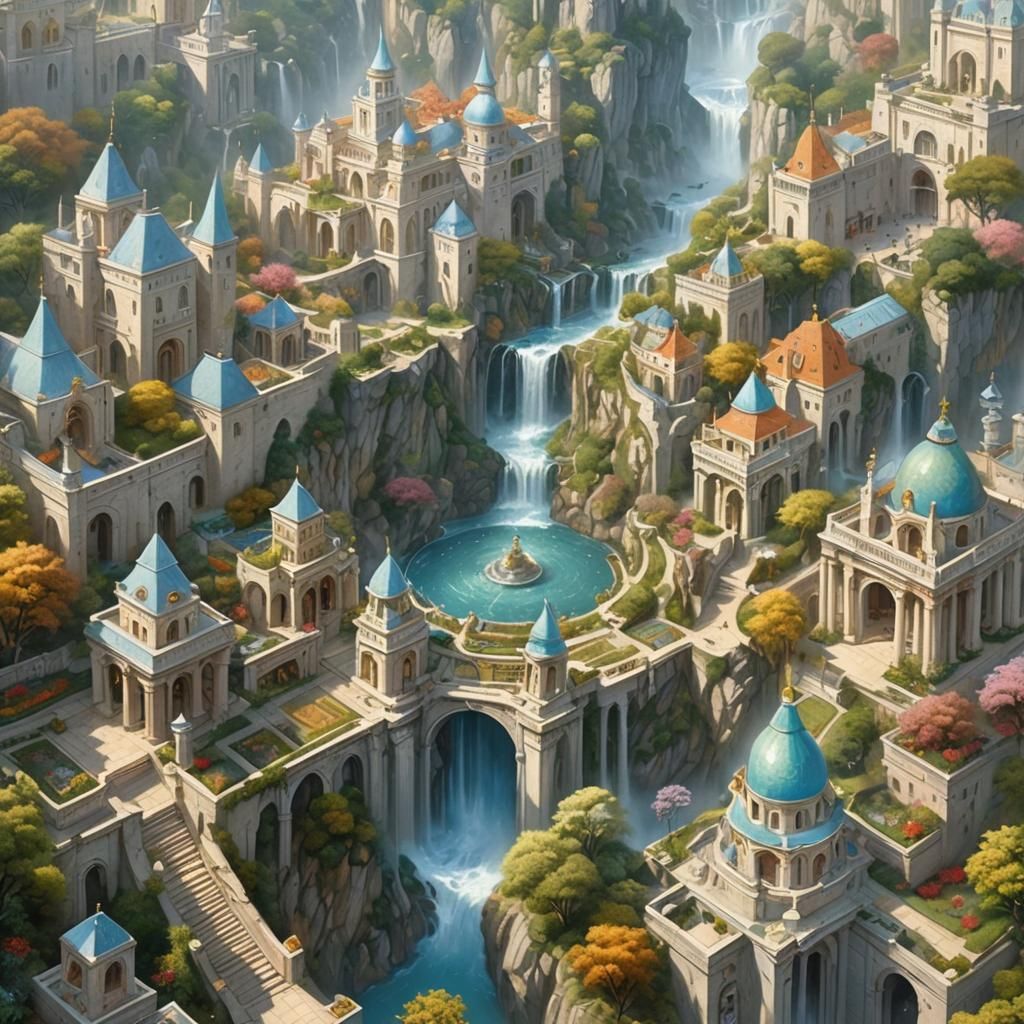 Atlantis: Mythical City of Golden Statues in Pencil Painting