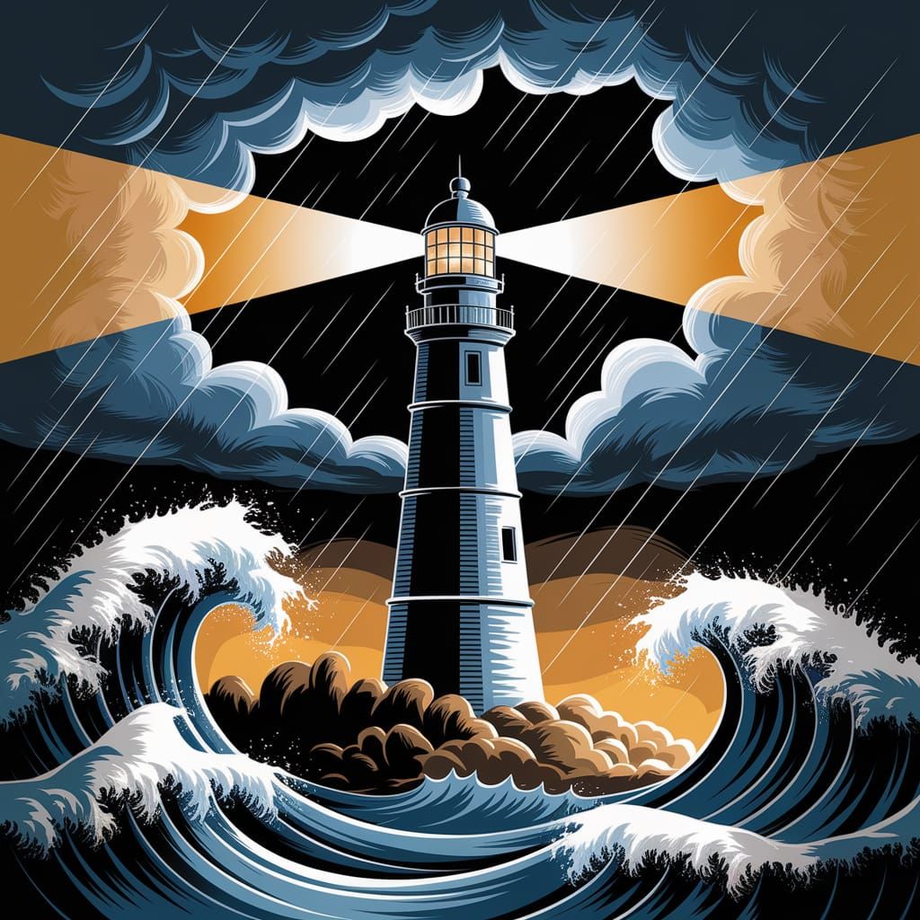 Lighthouse Against Stormy Sky in Watercolor Style