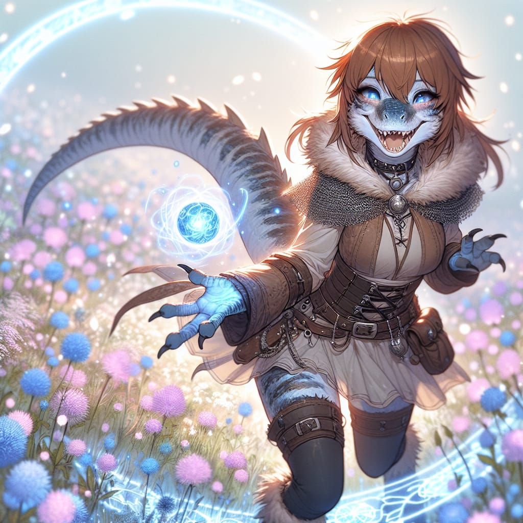 Enchanted Velociraptor Goddess in Dreamlike Fantasy Landscap...