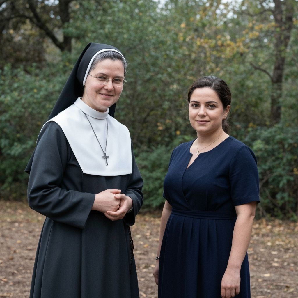 Nun And Woman Look Directly At Viewer