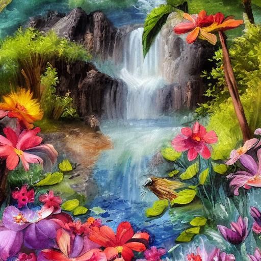 Waterfall Scene with Rabbits and Butterflies as Gouache Pain...