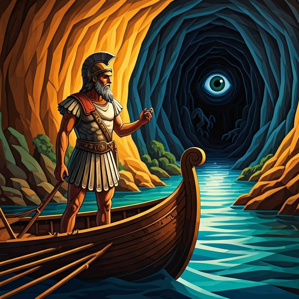 Ancient Greek Adventurer Meets Cyclops in Cubist Style