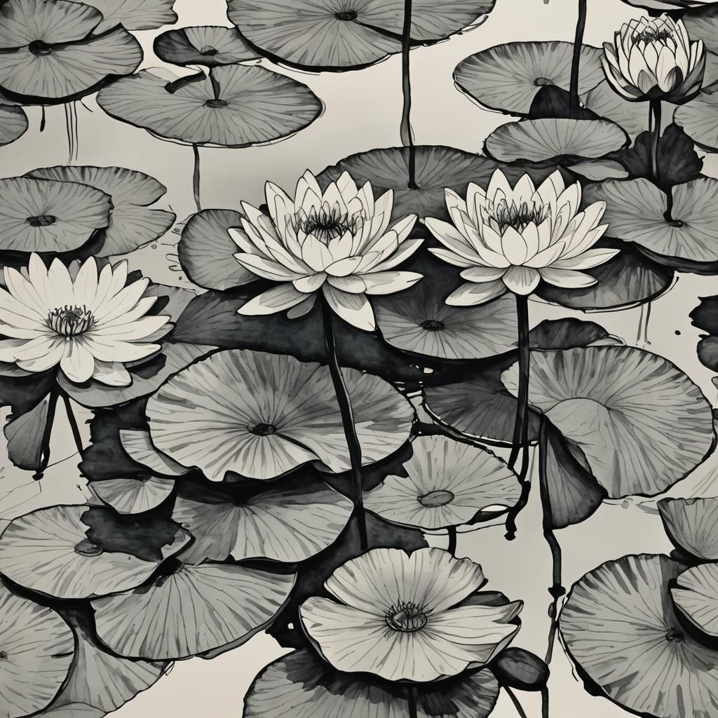 Elegant Water Lily in Ink Drawing Style