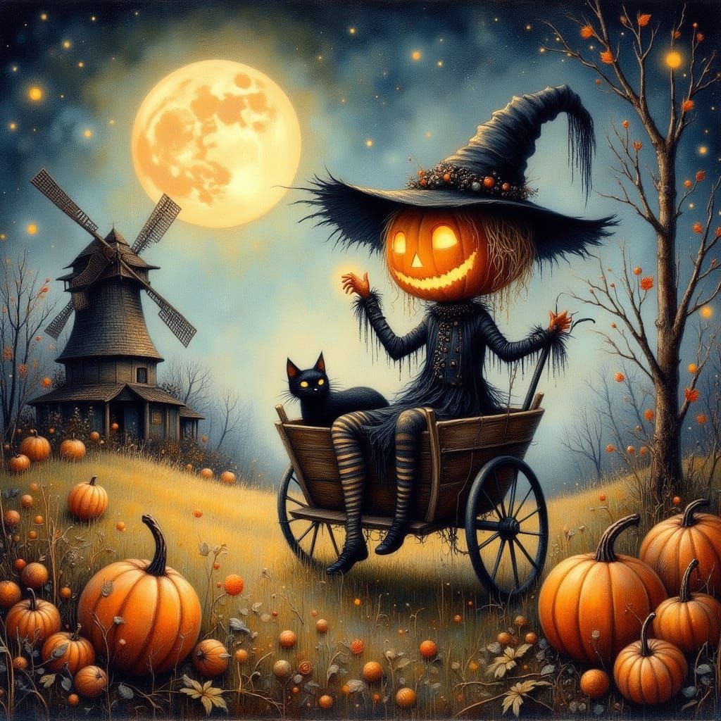 Fairytale Halloween Night: Pumpkin Scarecrow Pushes Witch