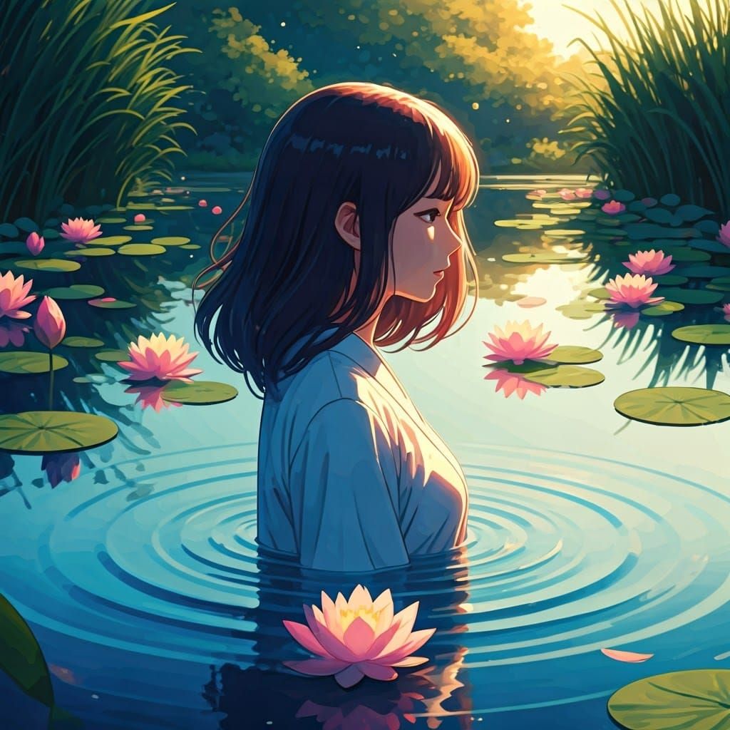 Serene Woman Amidst Vibrant Lotus Blooms in a Tranquil Anime...