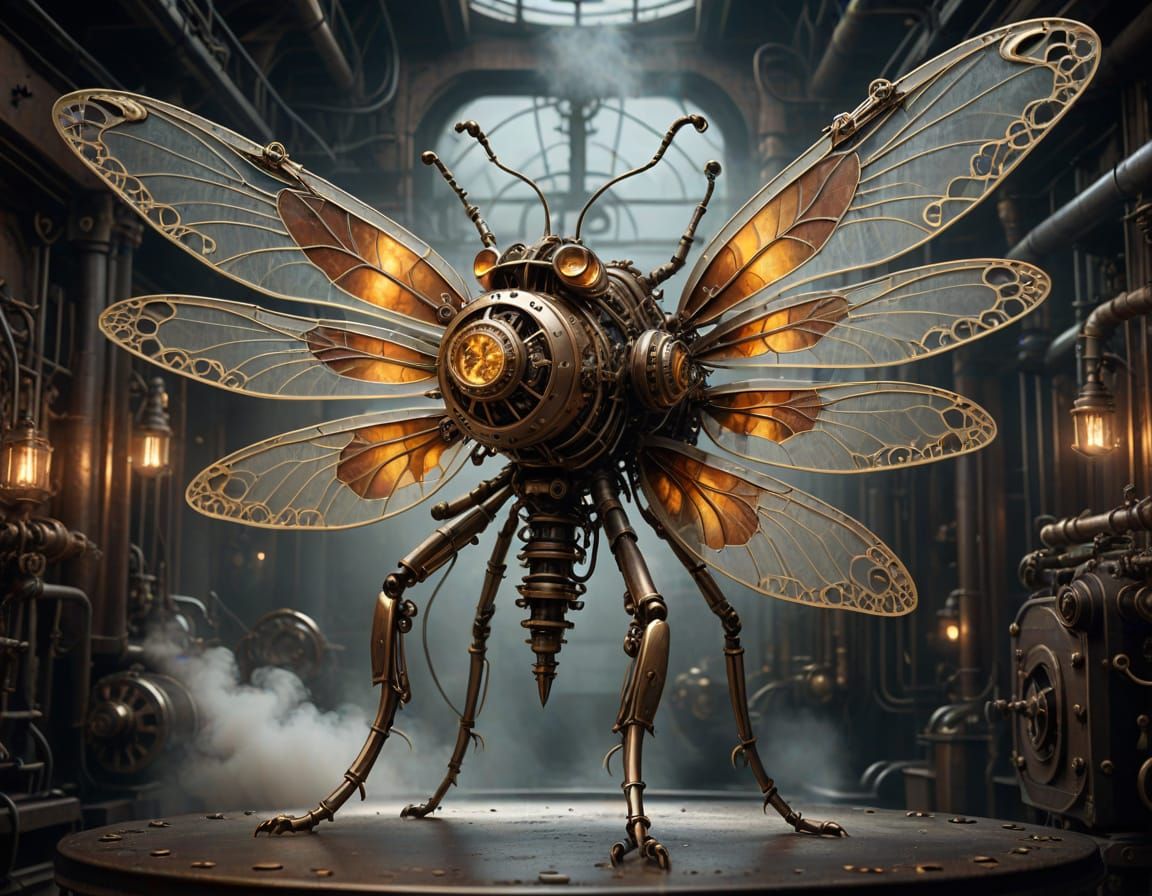 Steampunk Dragonfly with Mechanical Wings in Flight