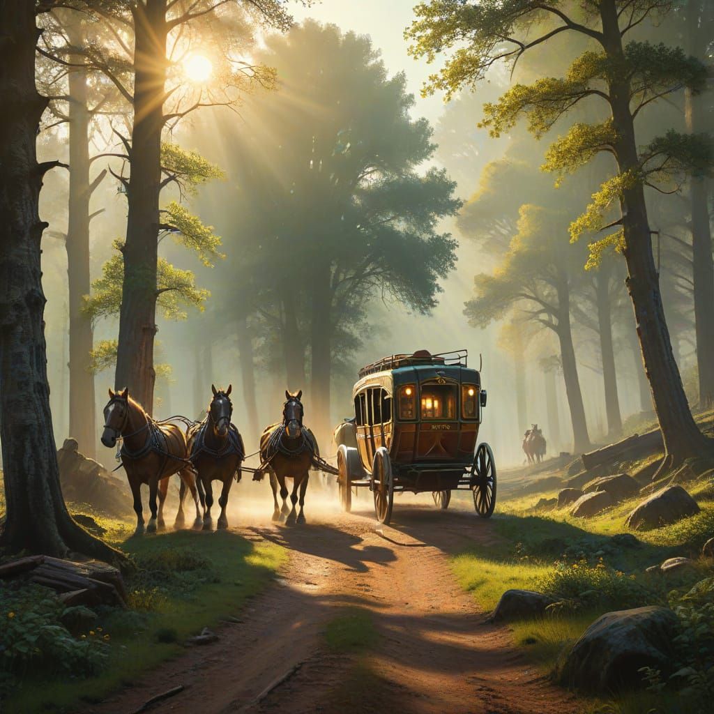 Stagecoach Adventure Through Forest in Oil Painting Style