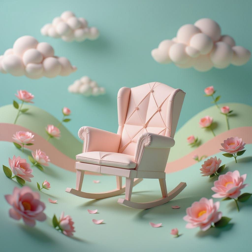Pastel Origami Rocking Chair in Surreal Flower Garden