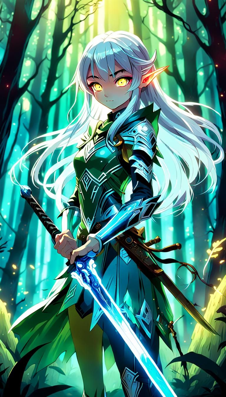 Elf Warrior in Alien Forest, Manga Anime Style