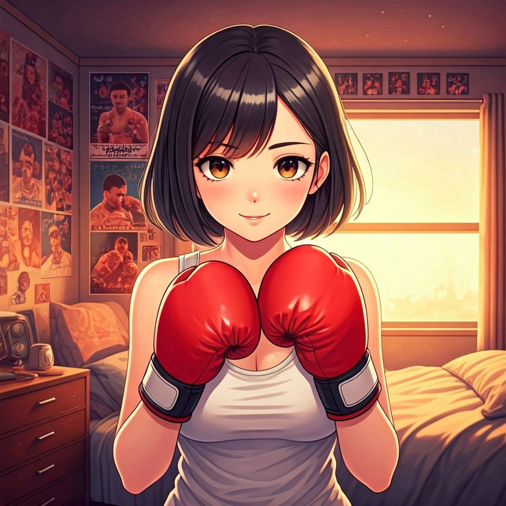 Anime Boxer Girl in Bedroom with Boxing Posters