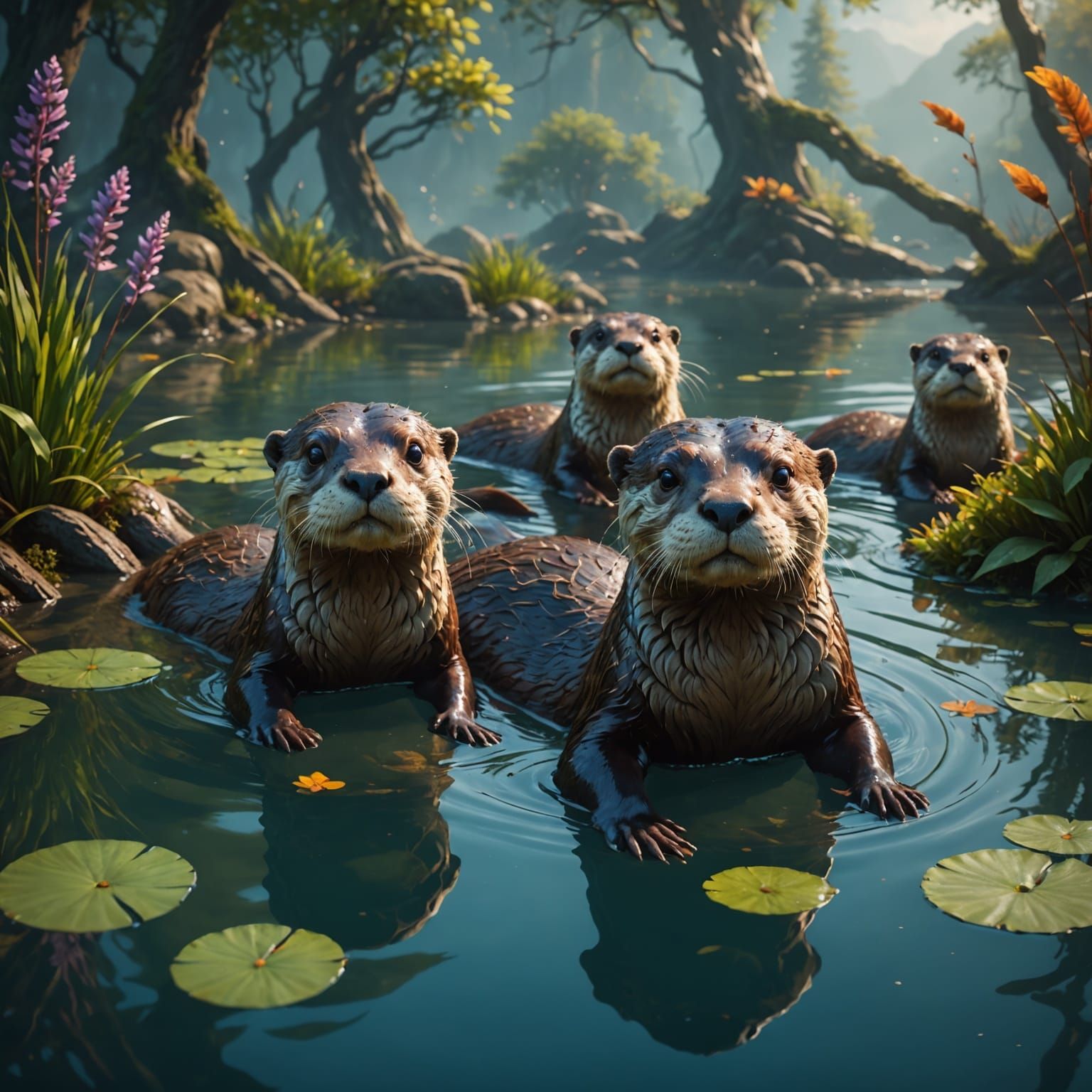 Otters Swimming: Detailed Matte Painting in Deep Color