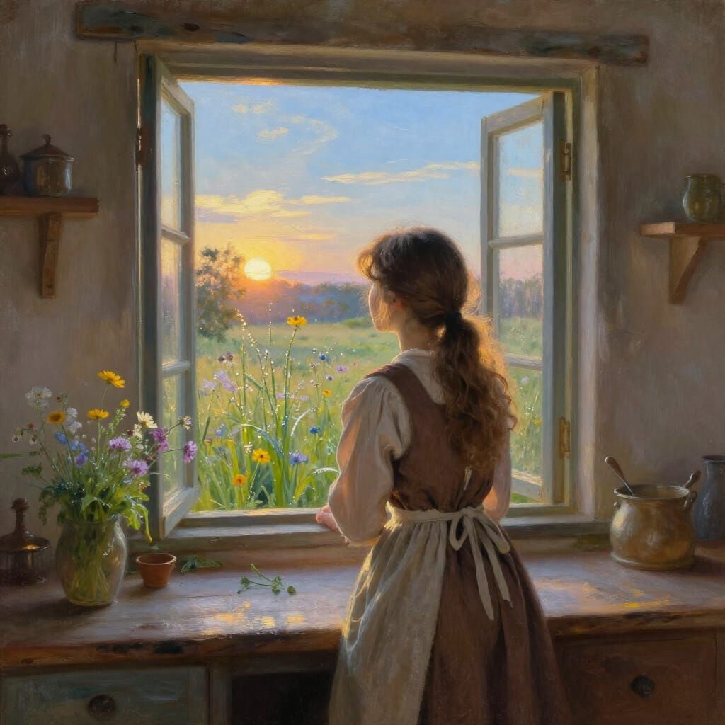 Whimsical Spring Morning in Peasant Kitchen Oil Painting