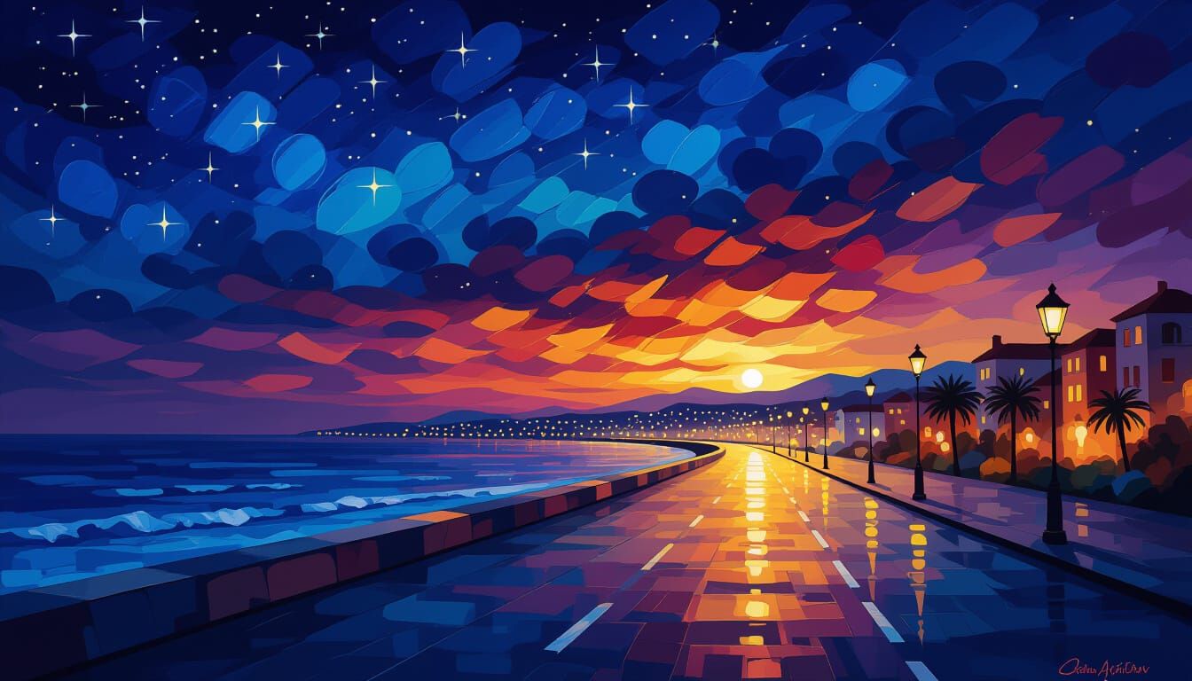 Mysterious Seaside Boulevard at Night, Digital Painting