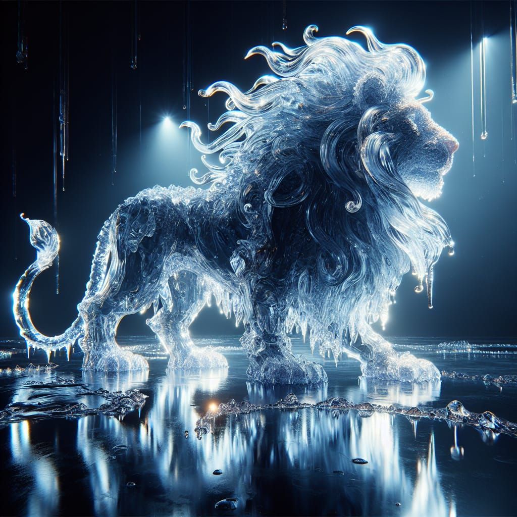 Ice Lion with Flowing Water and Magical Lighting