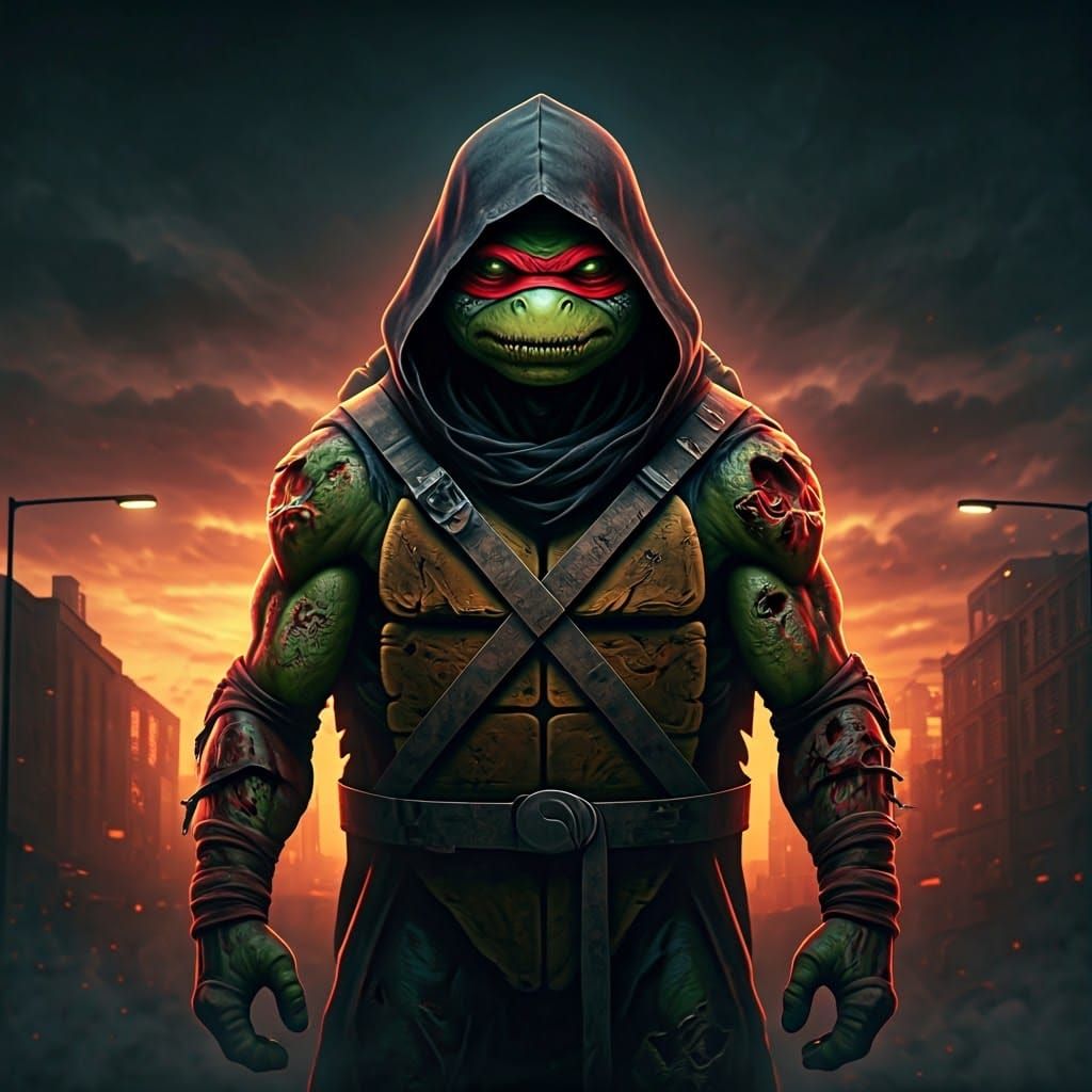 Zombie Ninja Turtle with Neon Glow in Dystopian City