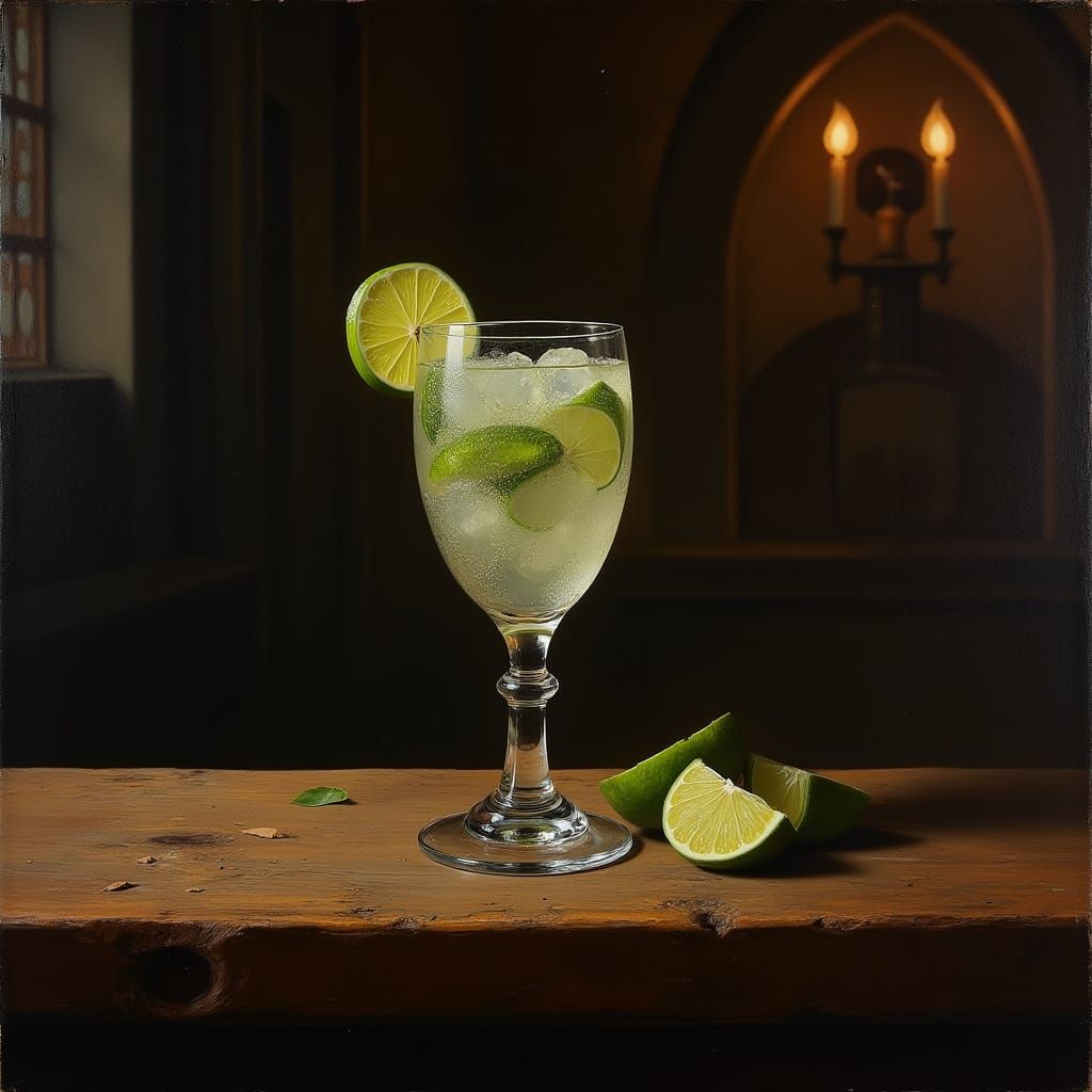 Moody Gin and Tonic Still Life in Medieval Style