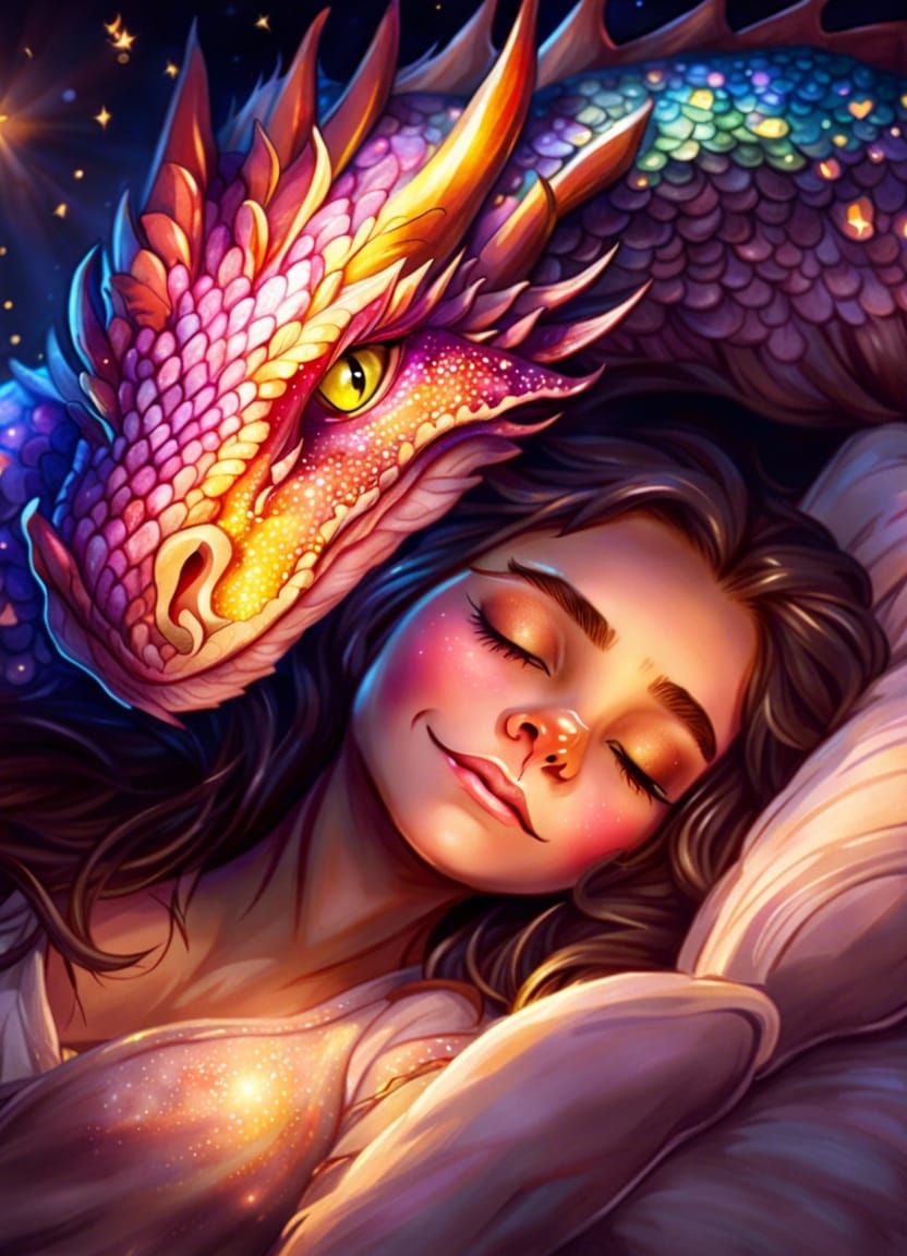 Sleeping Dragon Cradling Girl: Fantasy Art