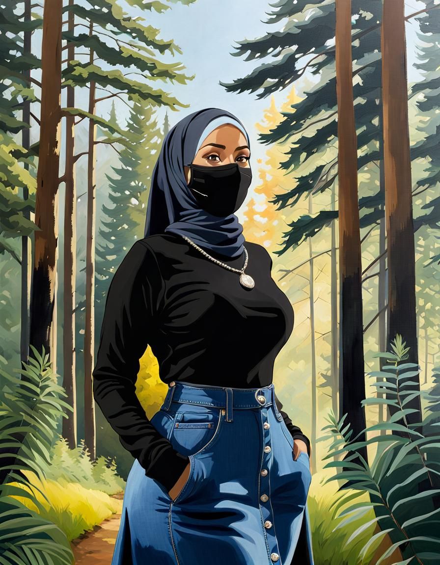 Enticing Hijabi Woman in Forest, Oil Painting Style