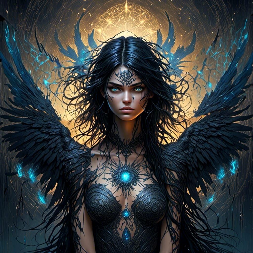 Unholy Fallen Angel with Glowing Tattoos, Oil Painting