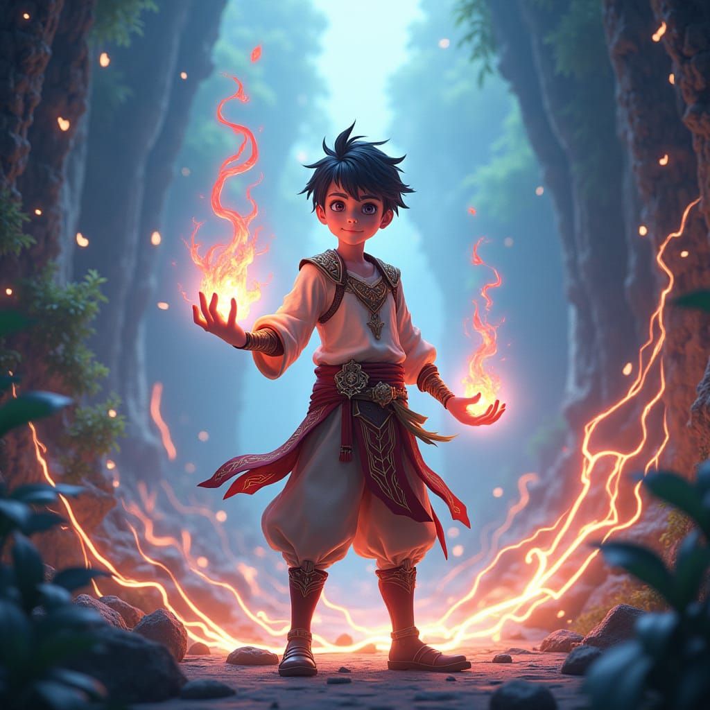 Anime Boy Hero Summoning Magic in Fantasy Landscape