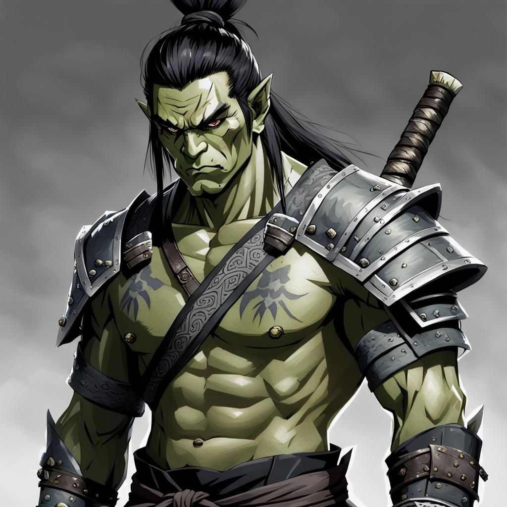Male Half-Orc Samurai with Kasa Hat