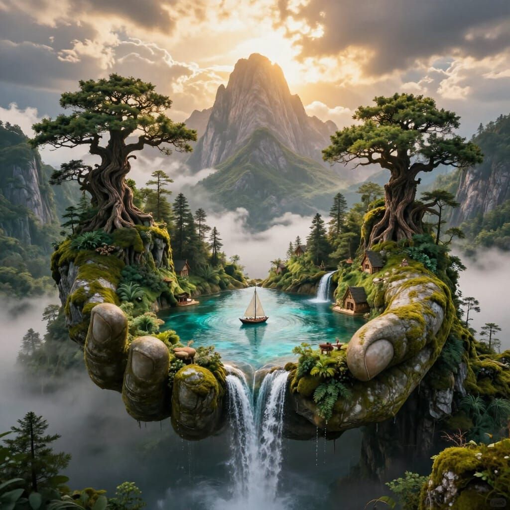 Surreal Fantasy Landscape Held in Stone Hands at Sunrise