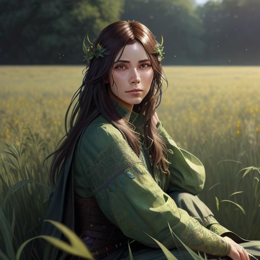 Girl in Field: Hyperdetailed Portrait in Art Nouveau Style