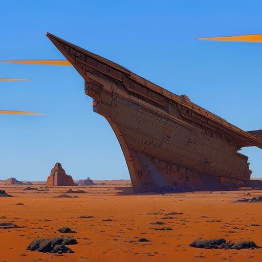 Wrecked Starship in Wasteland: Retro Sci-Fi Art