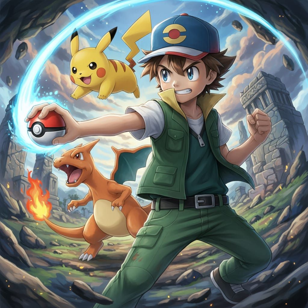 Pokemon Trainer Defends Ancient Ruins in Vibrant Dynamic Art...