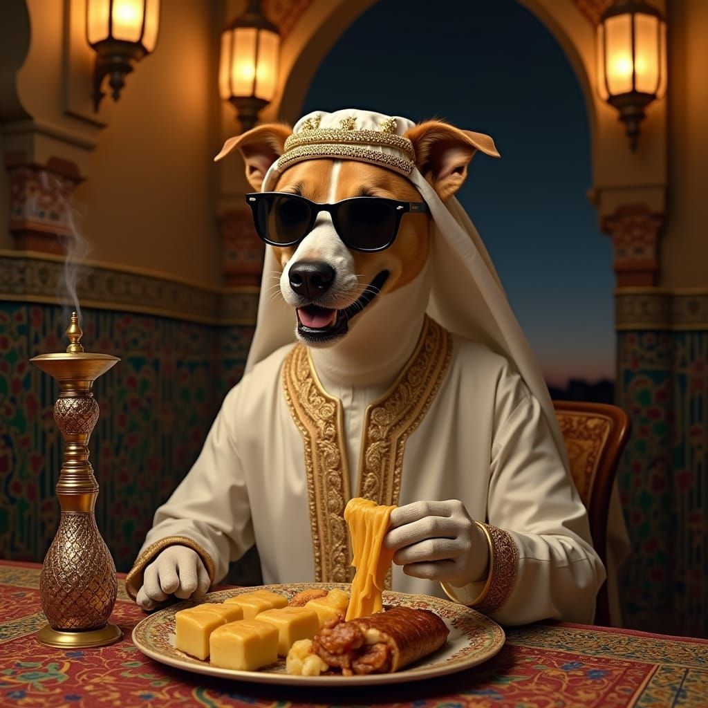 Humorous Dog at Middle Eastern Table, Hyperrealistic