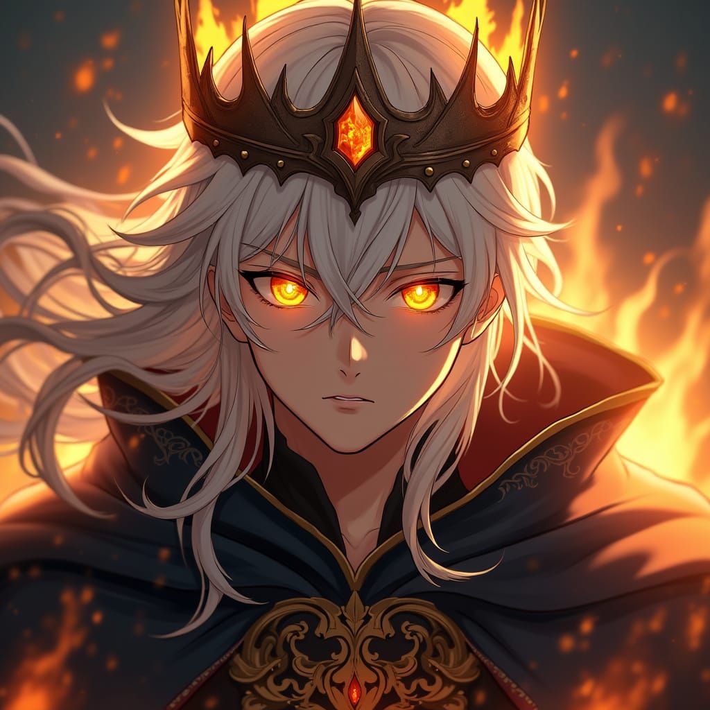 Anime Hero with Flaming Crown and Golden Eyes