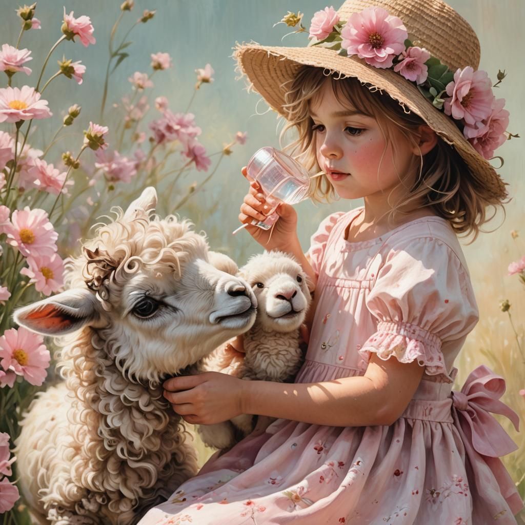Girl Offers Lamb a Drink in Watercolor Style