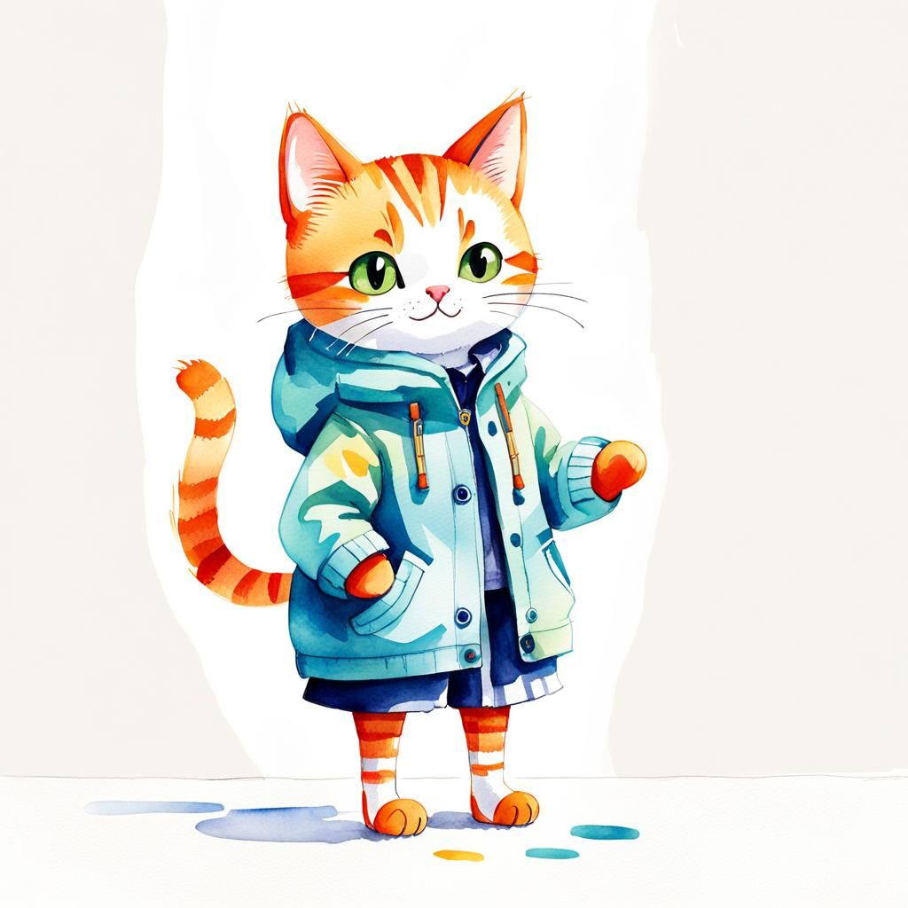 Toy Cat Portrait in Watercolor Children's Illustration Style