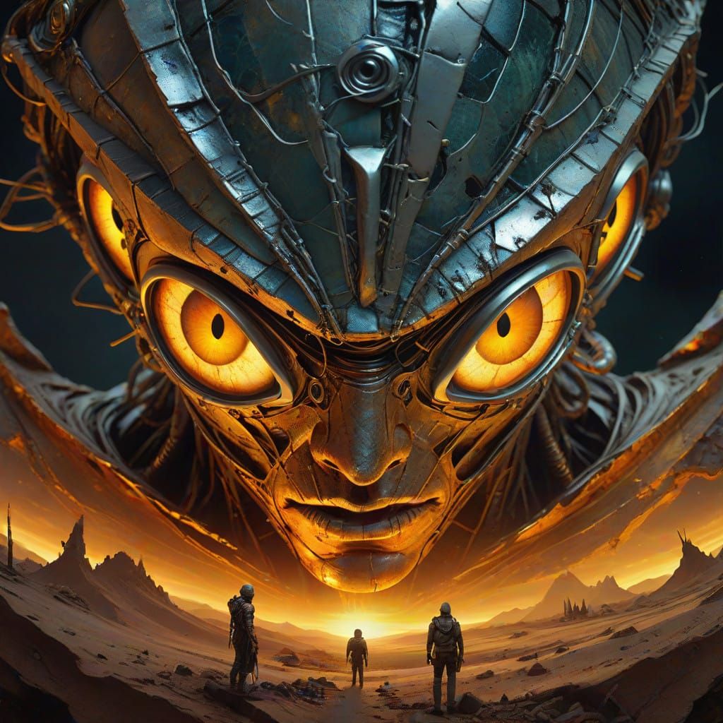 Surreal Metallic Mummy Sculpture with Fish Eyes