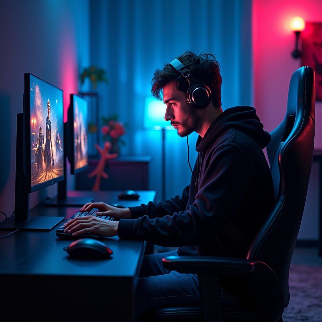 Intense Gamer Immersed in Online World, Hyper-Realistic Styl...