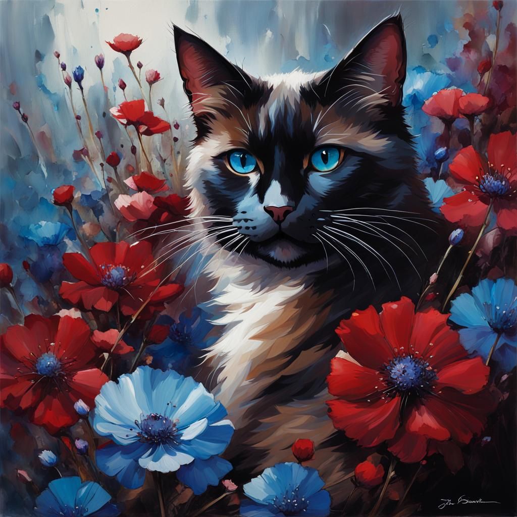 Beautiful Siamese Cat with Flowers Oil Painting