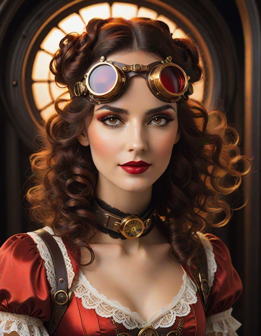 Elegant Steampunk Lady in Copper Goggles and Vibrant Red Sat...