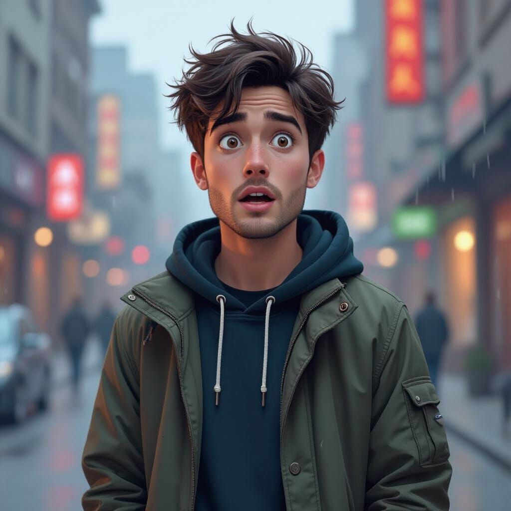 Surprised Person in Cityscape with Cinematic Lighting